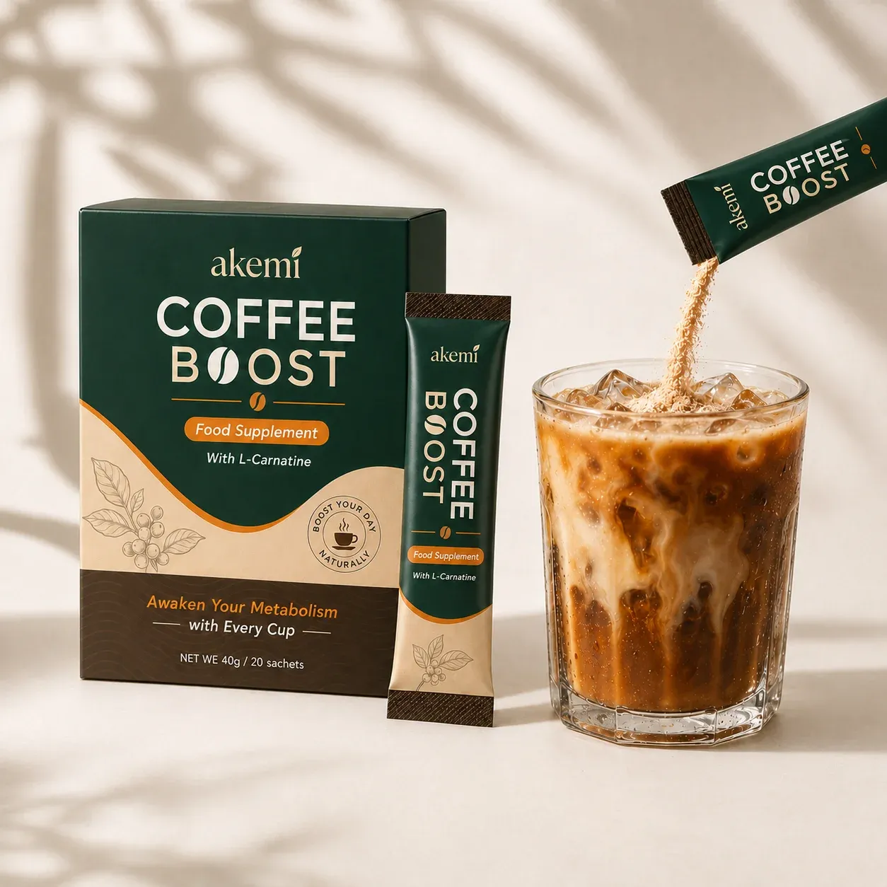 Akemi Coffee Boost sachet stirred into a morning cup of coffee